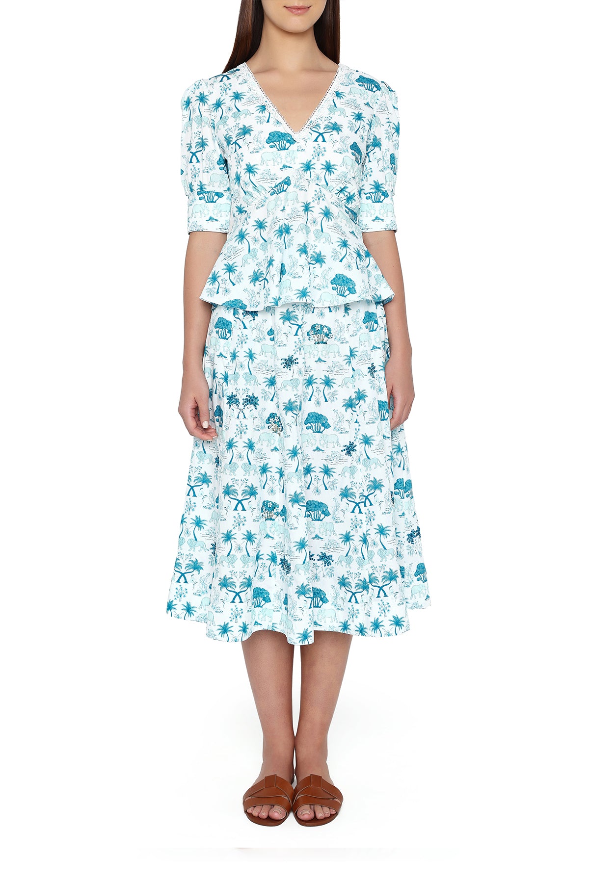 blue and white printed coord set