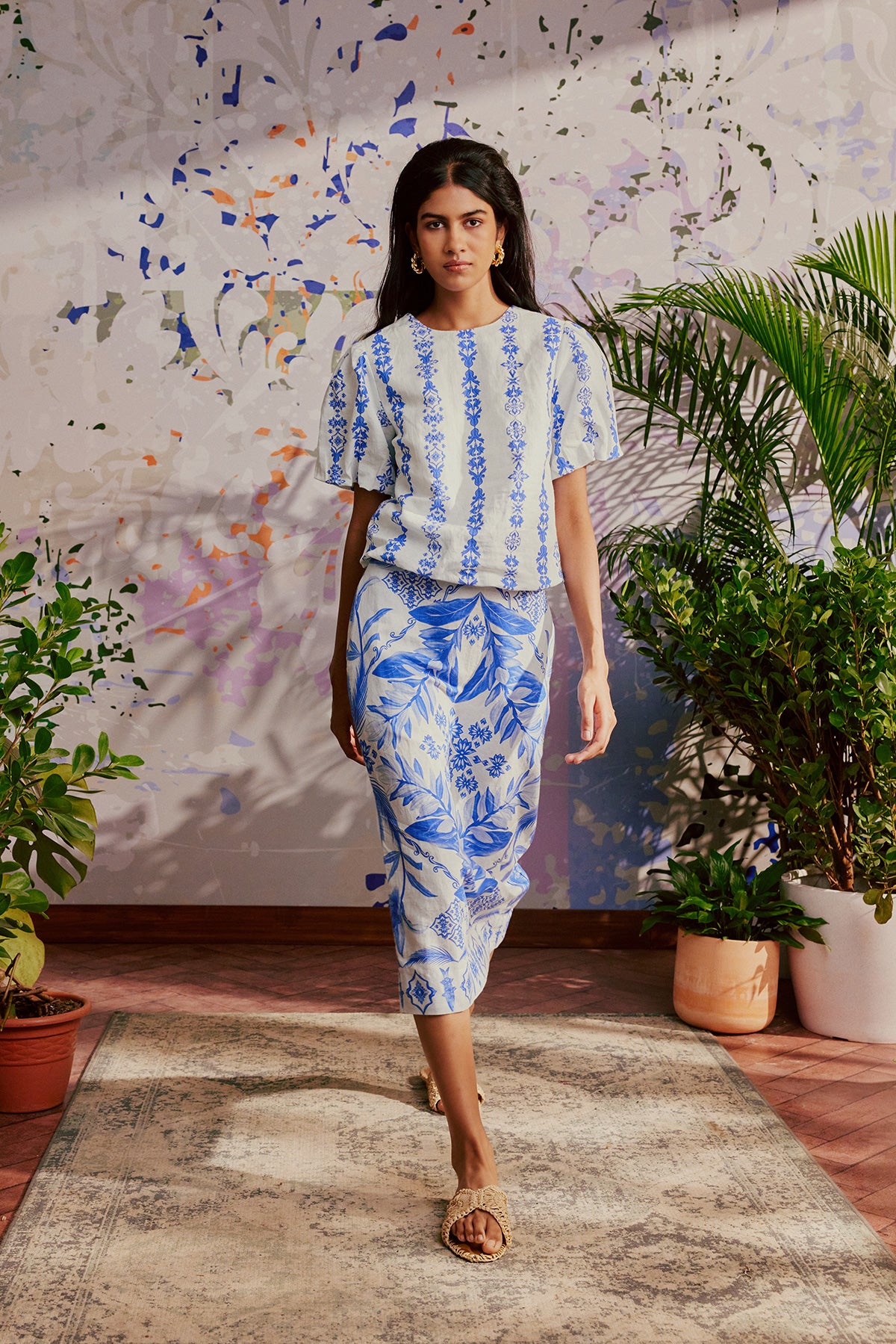 blue and white top and skirt set