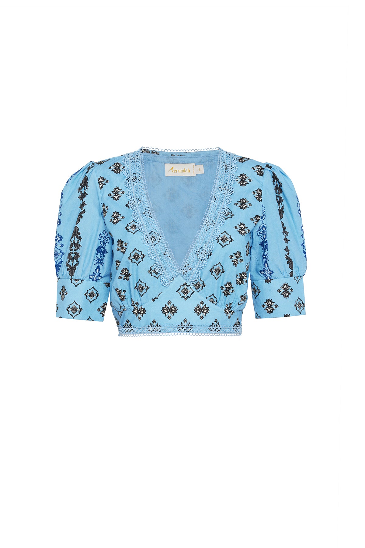 blue and grey ornate blouse