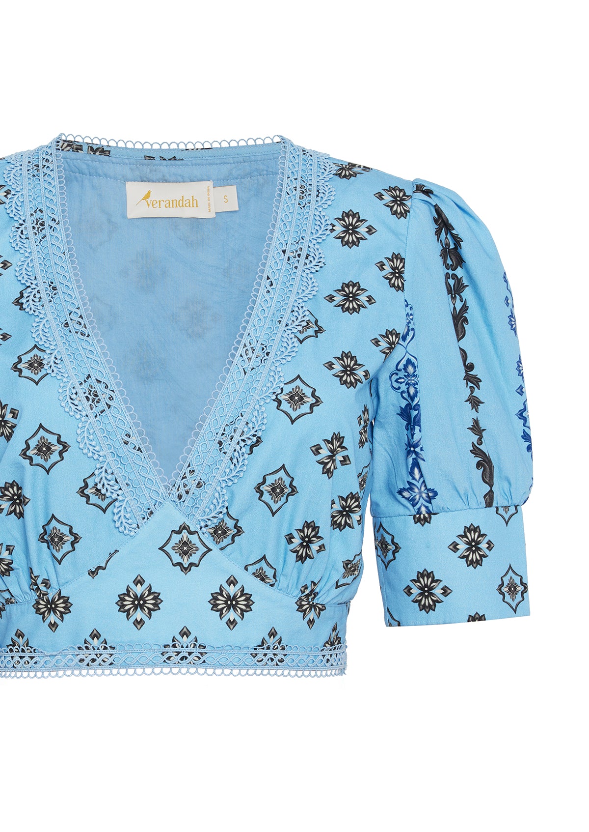 blue and grey ornate blouse