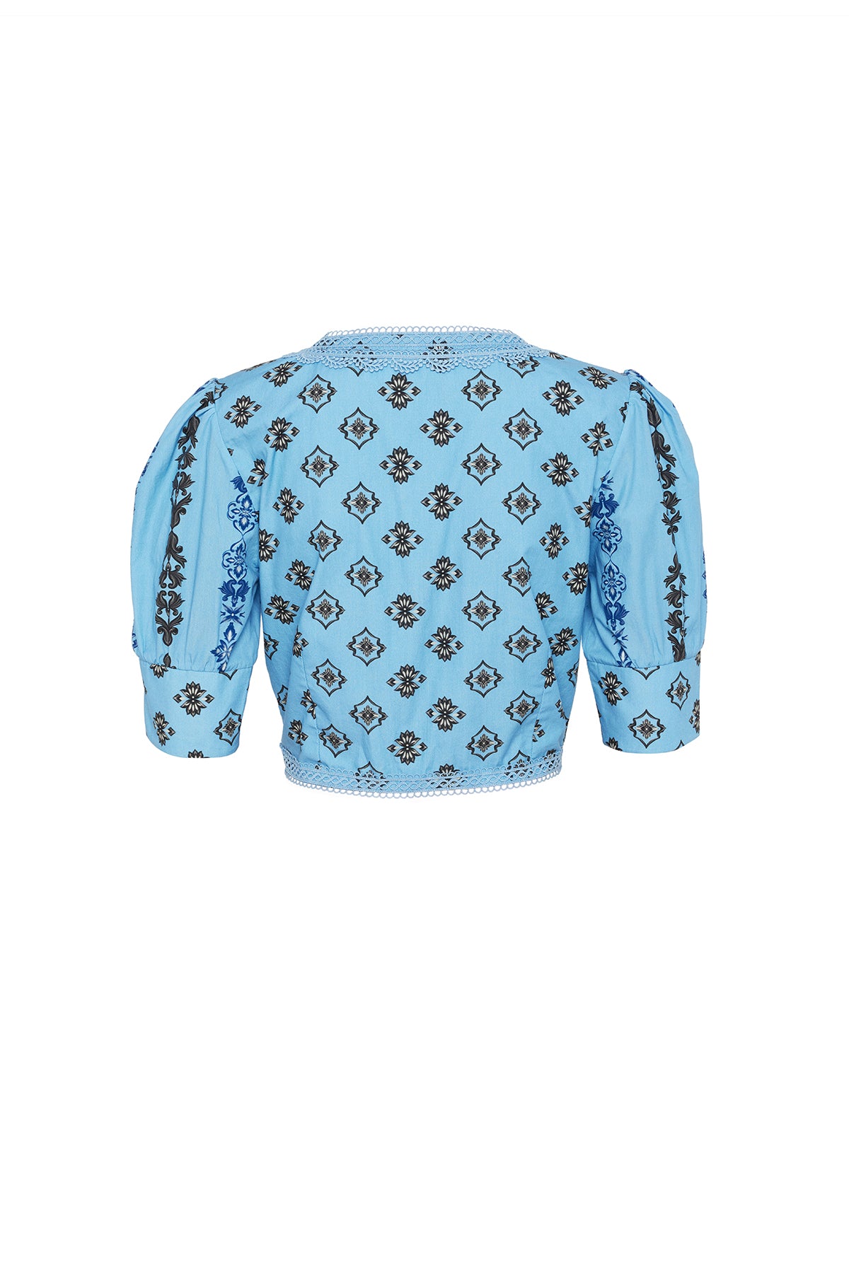blue and grey ornate blouse