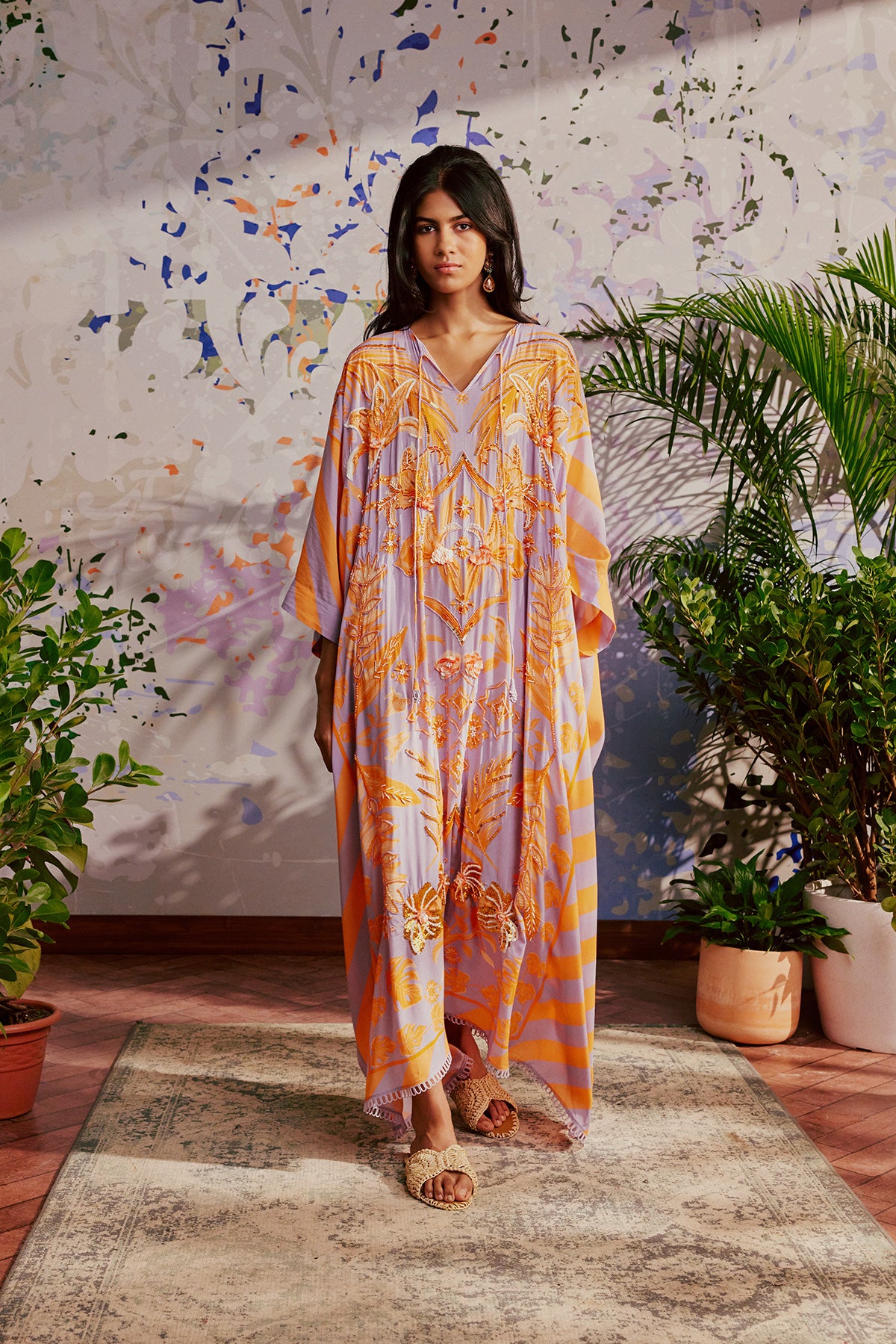 Lilac Hand Embellished Poncho Kaftan Style Dress