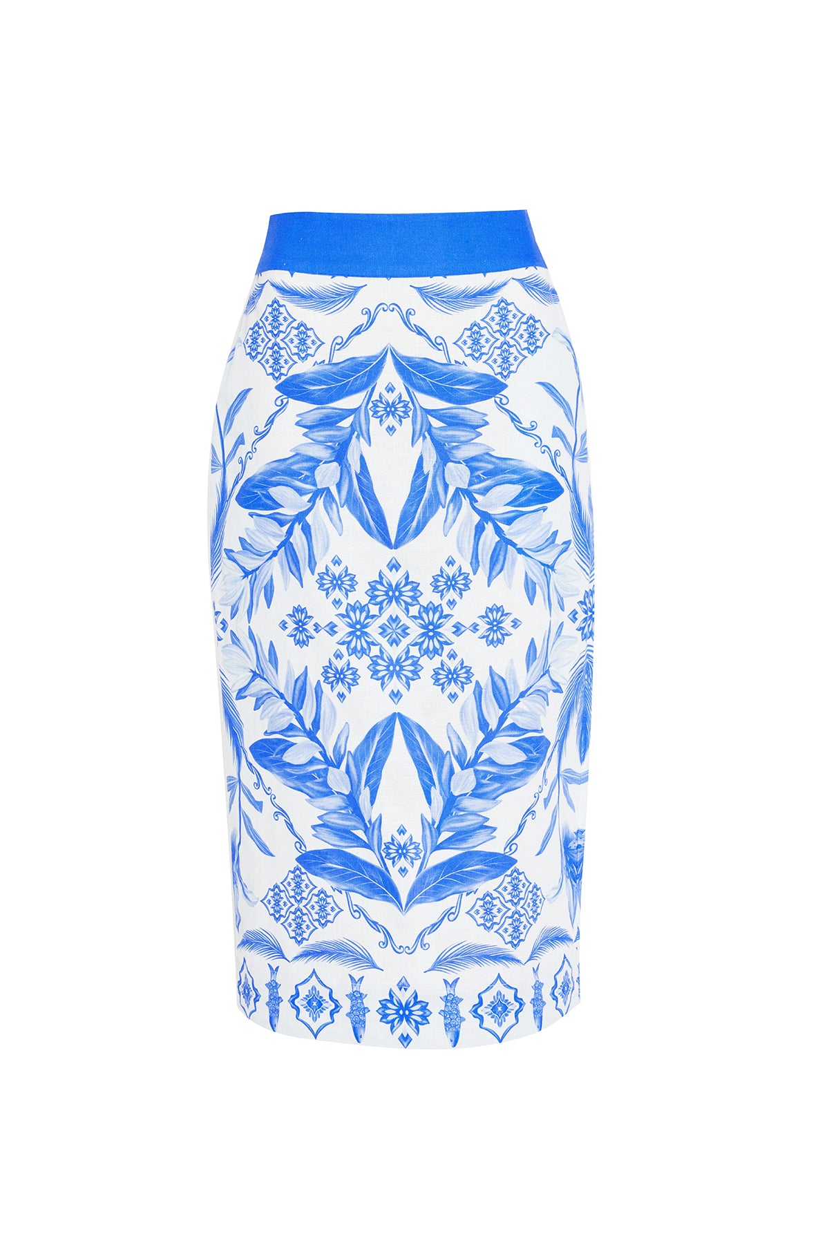 white and blue printed top and skirt