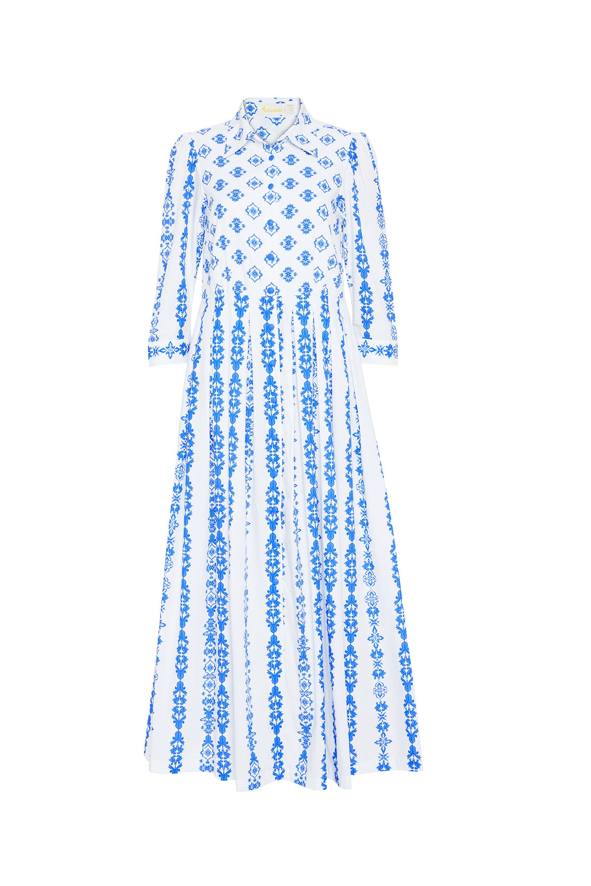 blue and white ornate dress