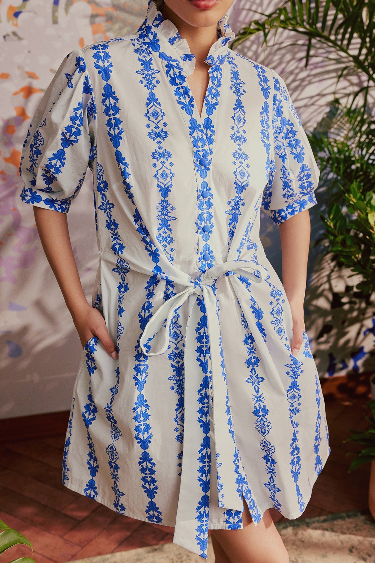 white and blue ornate dress