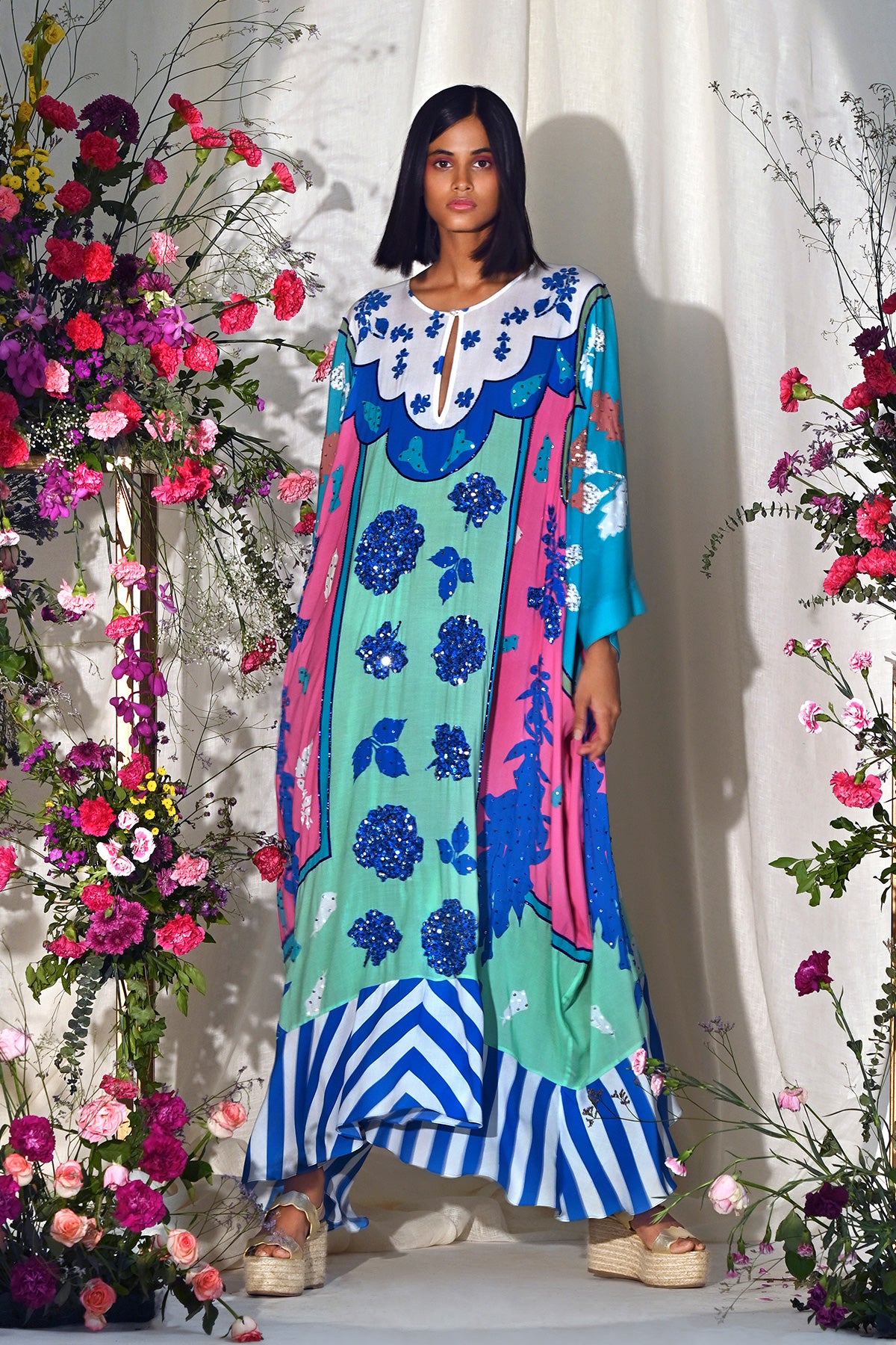 blue aqua and pink kaftan