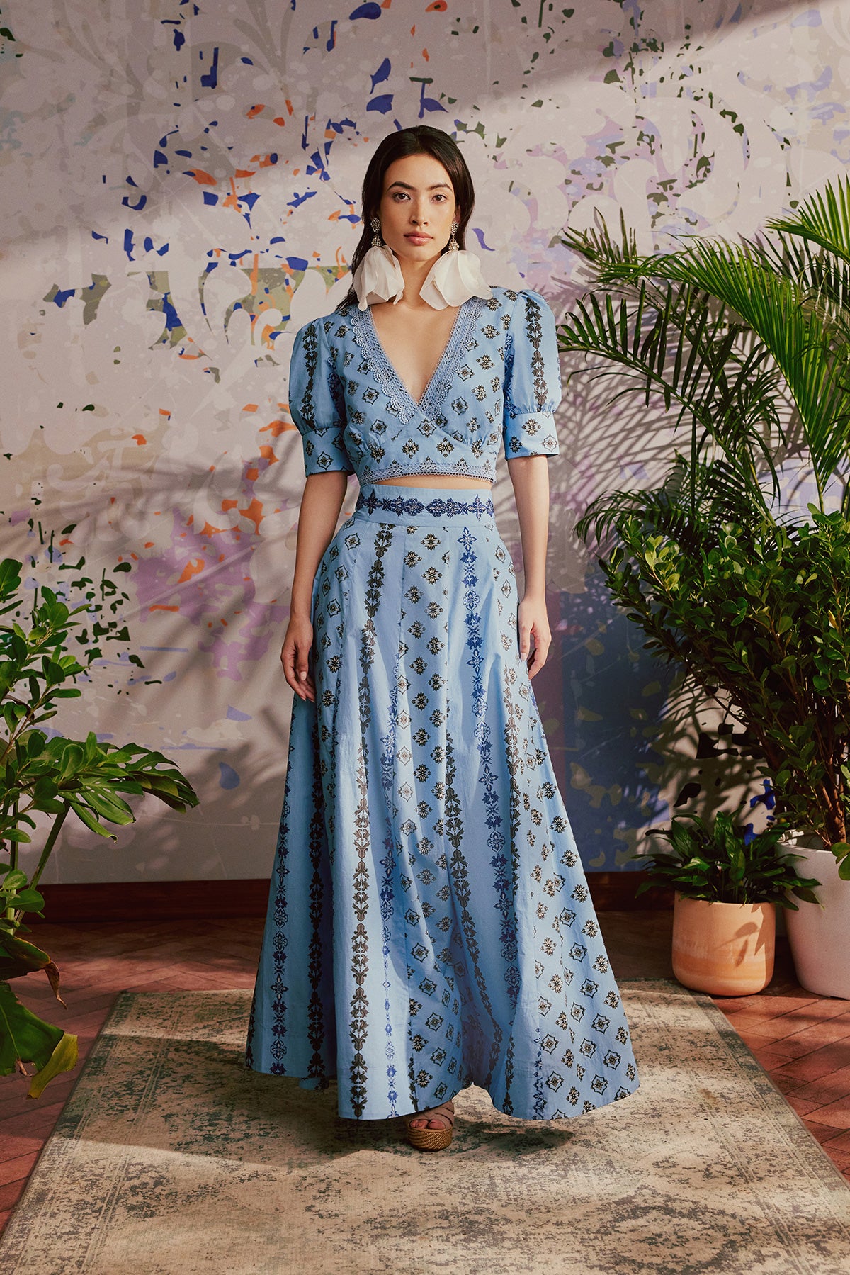 blue ornate skirt and blouse