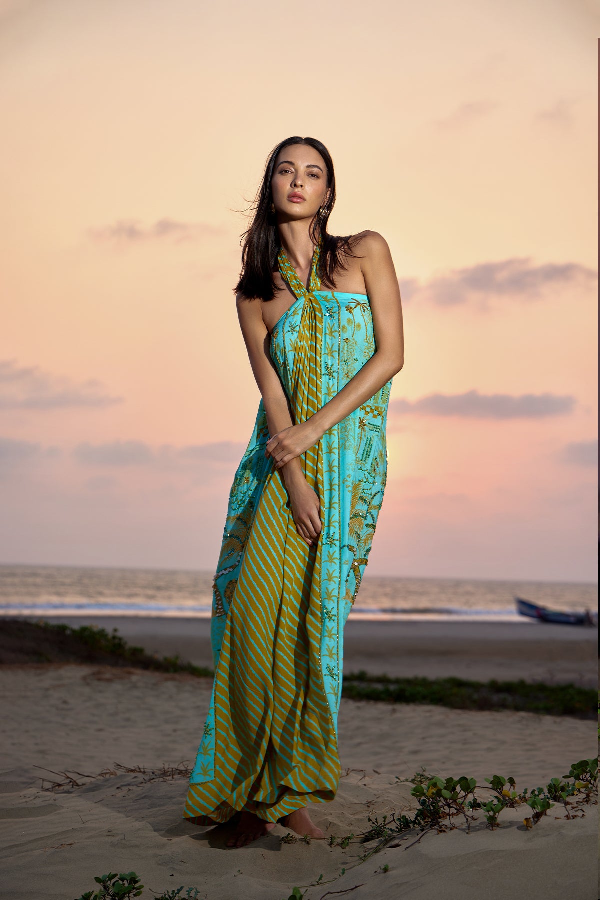 maxi dresses in sri lanka Women's Conscious Mustard & Aqua Lanka Safari Halter Gown