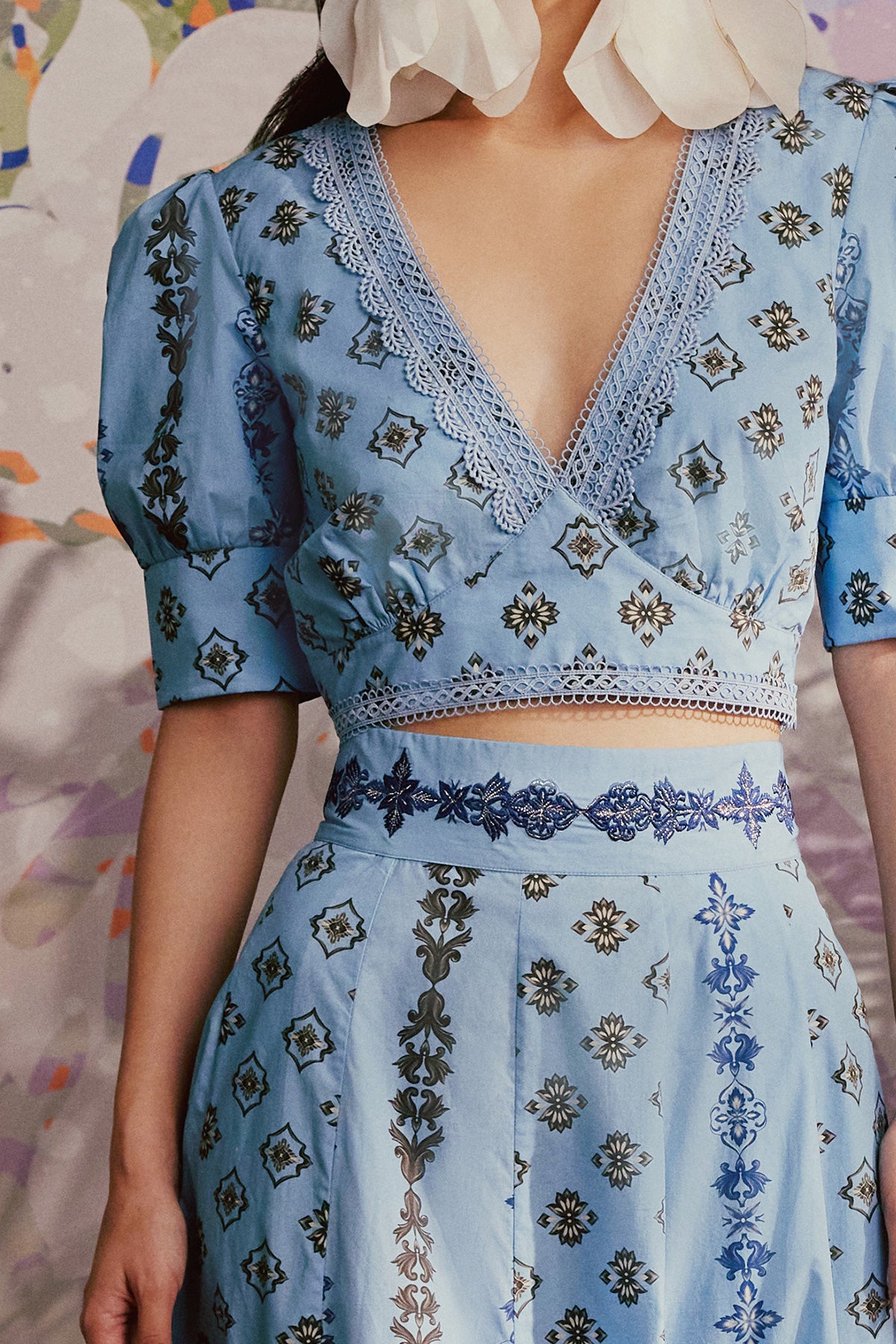blue and grey ornate blouse