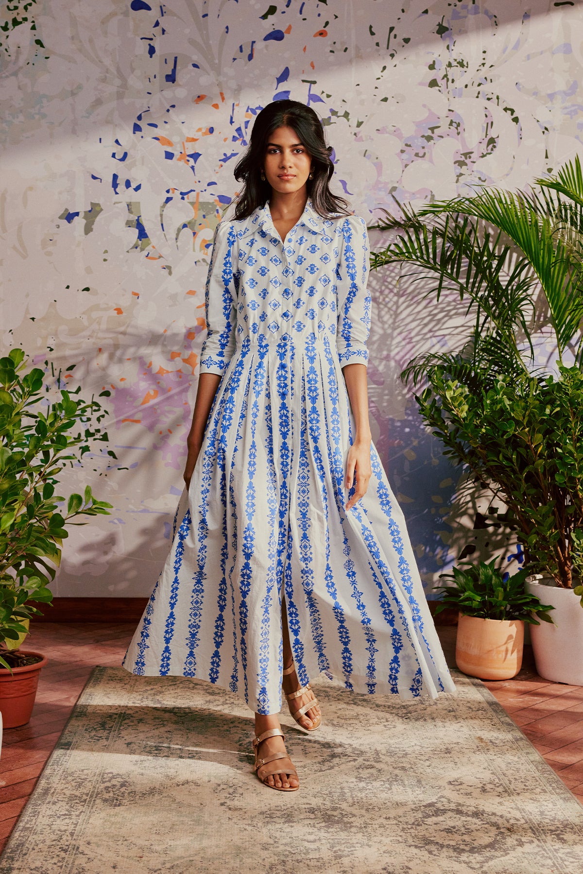 Women's Sustainable White Dark Blue Ornate Maxi Shirt Dress