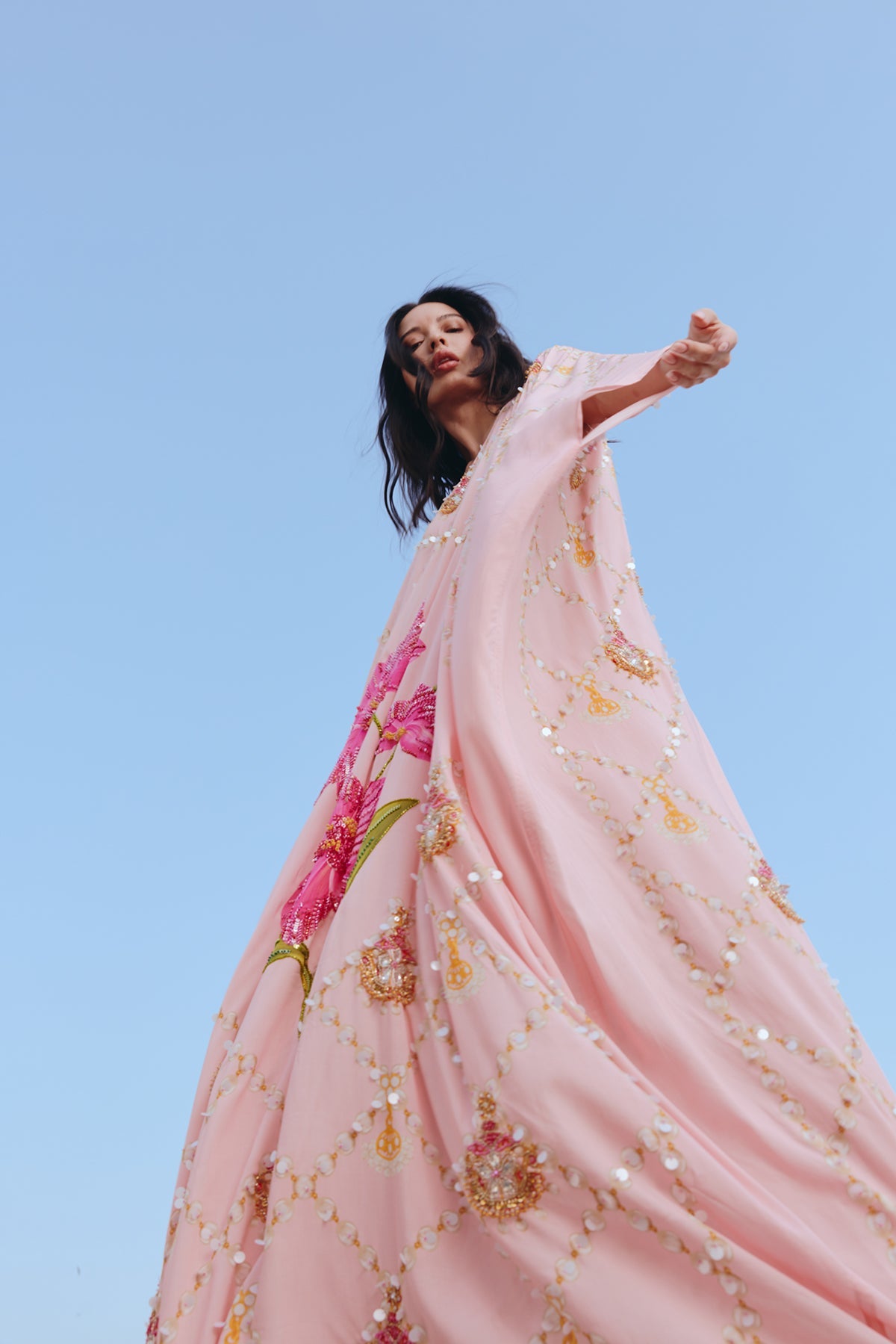 Hand Beaded Orchid and Padakam Jewel Oversized Kaftan Dress