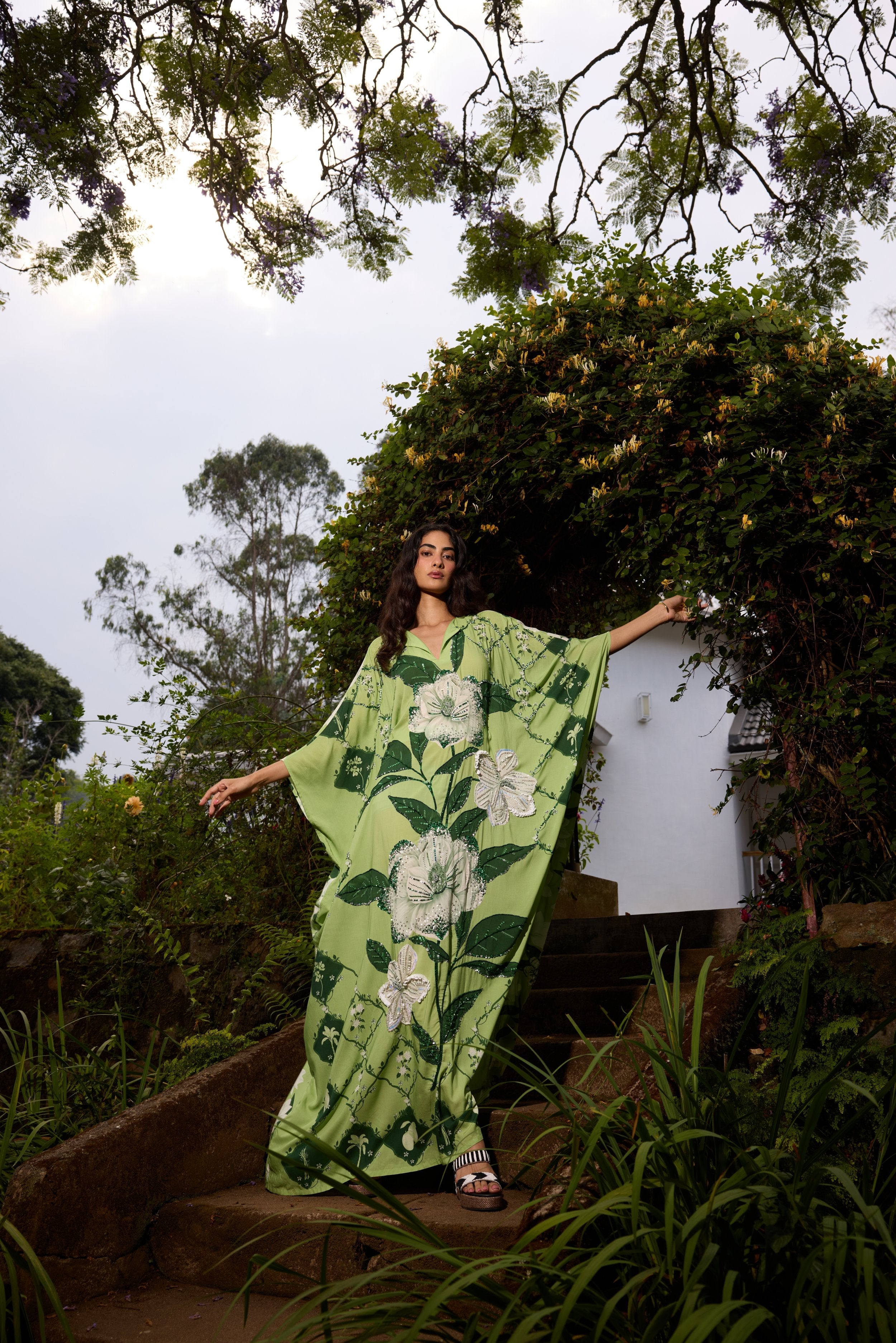 Hand Beaded Magnolia Tie-up Kaftan Dress