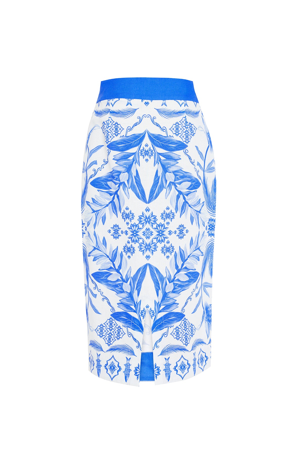 white and blue printed top and skirt