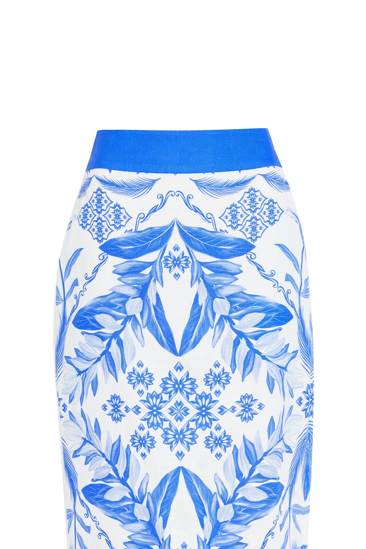 white and blue printed top and skirt