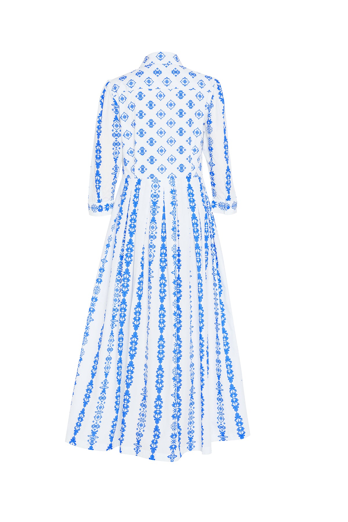 blue and white ornate dress