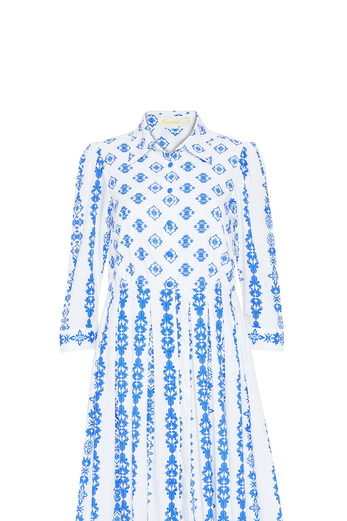 blue and white ornate dress