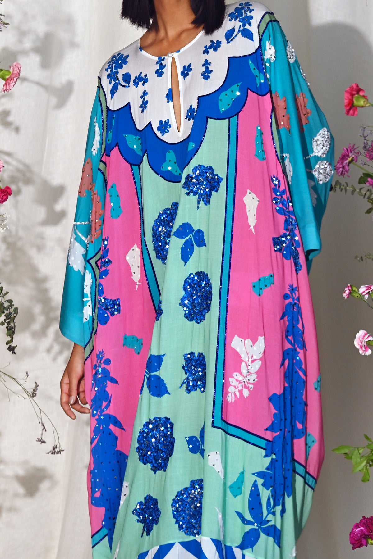 blue aqua and pink kaftan