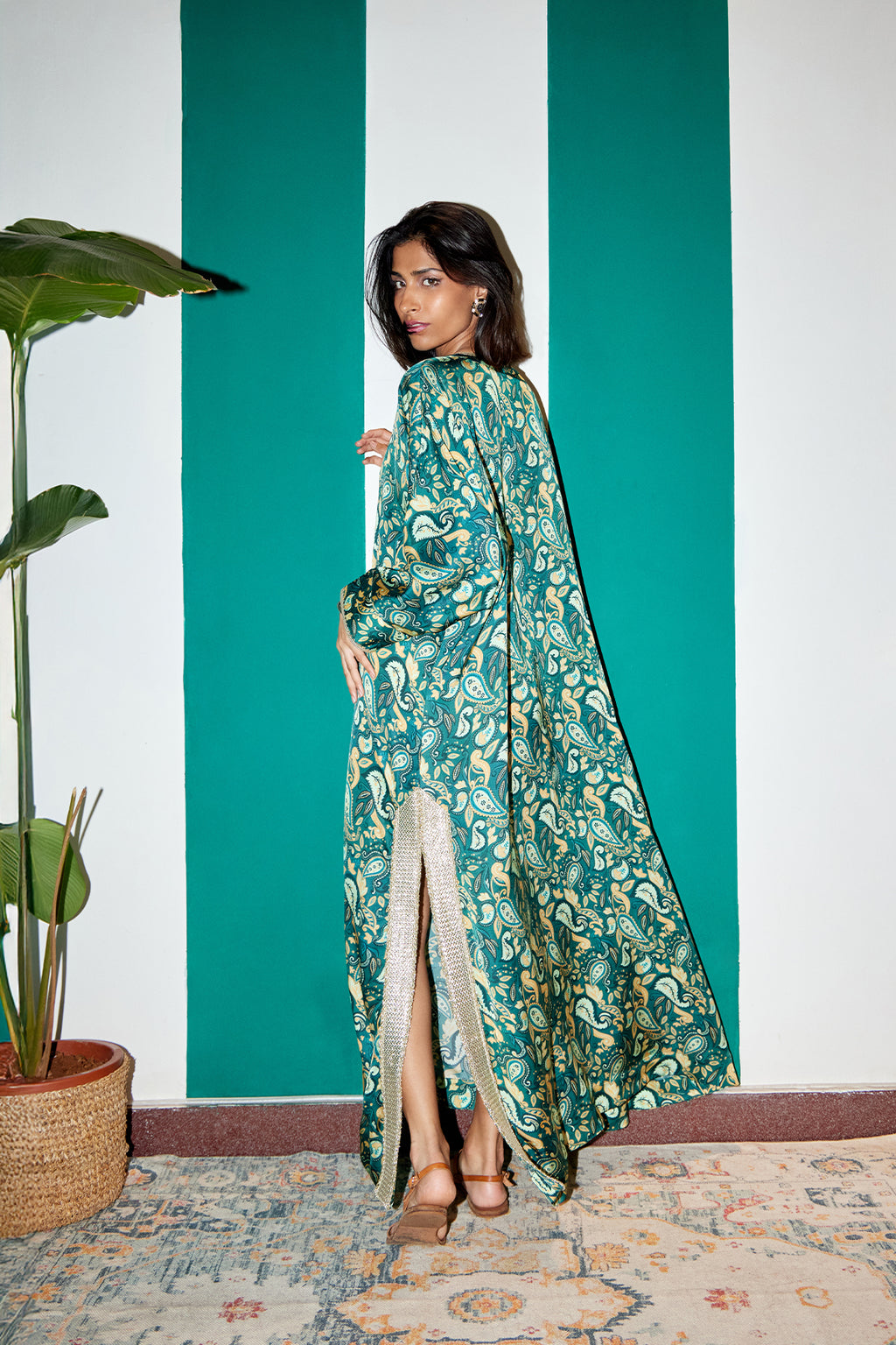 slim fit dress slacks Women's Sustainable Emerald Paisley Hand Draped Kaftan