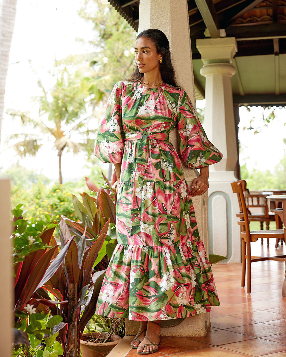 Women's Sustainable Tropical Monstera Tiered Midi Dress
