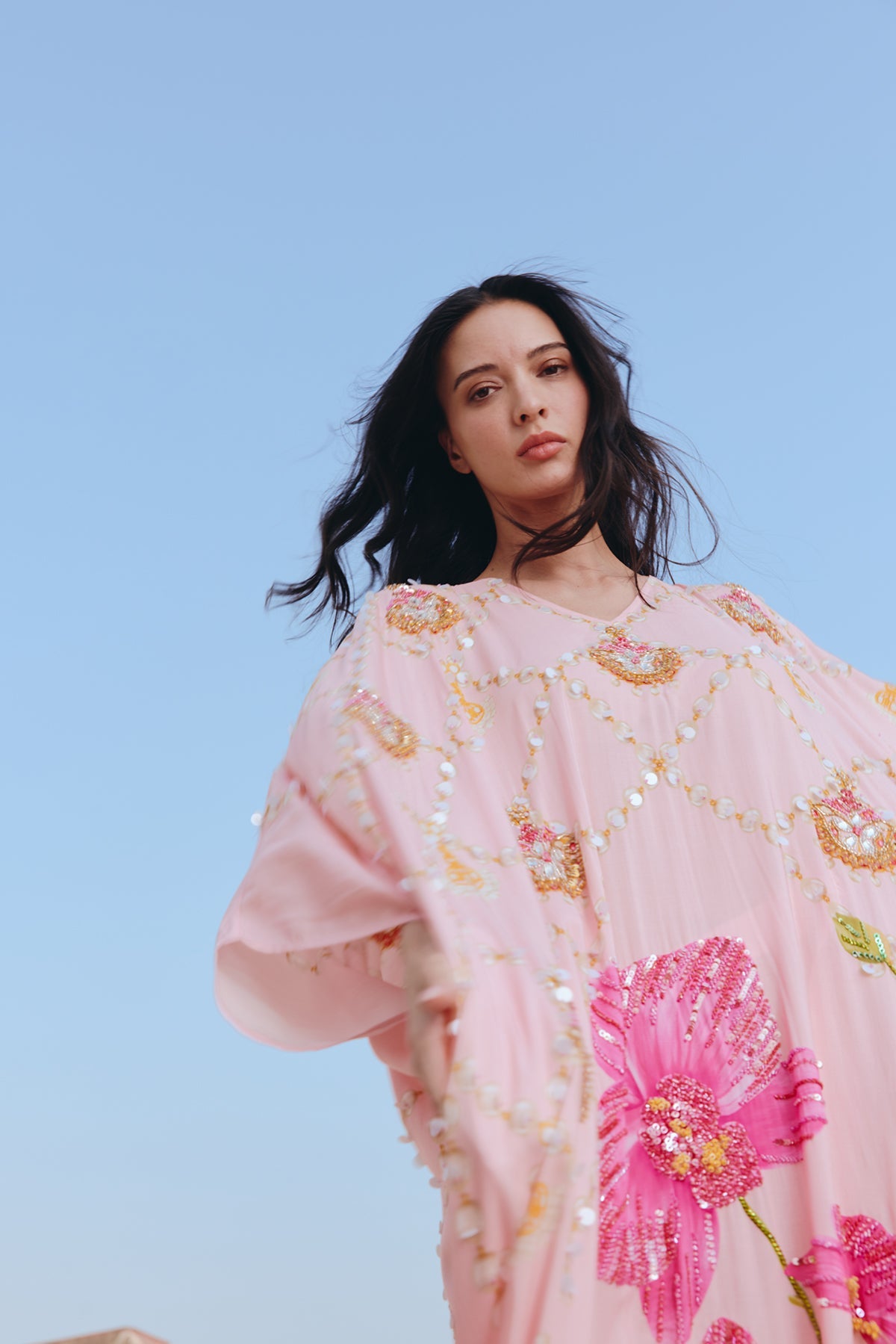 Hand Beaded Orchid and Padakam Jewel Oversized Kaftan Dress