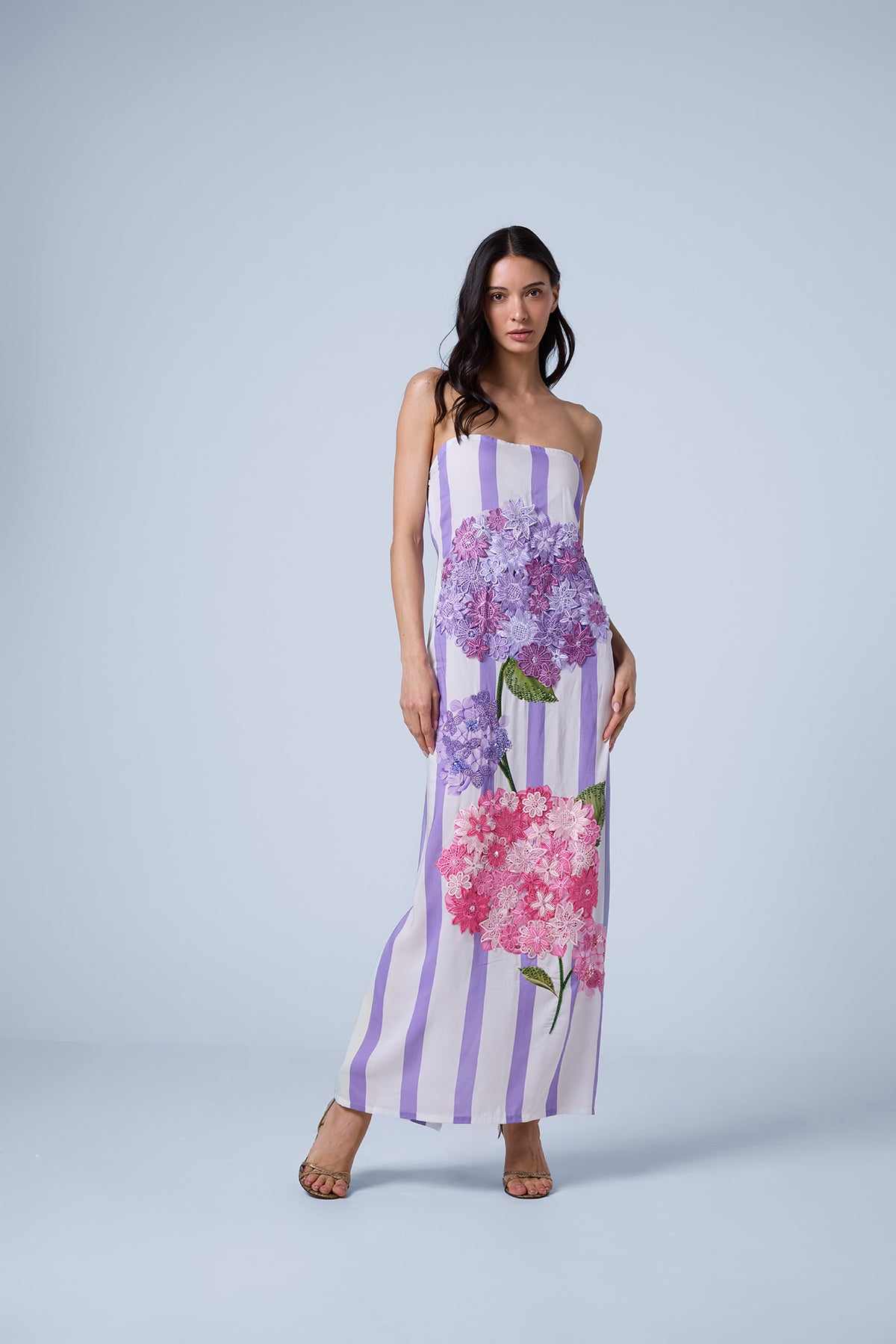 Strapless Embroidered Hydrangea Maxi