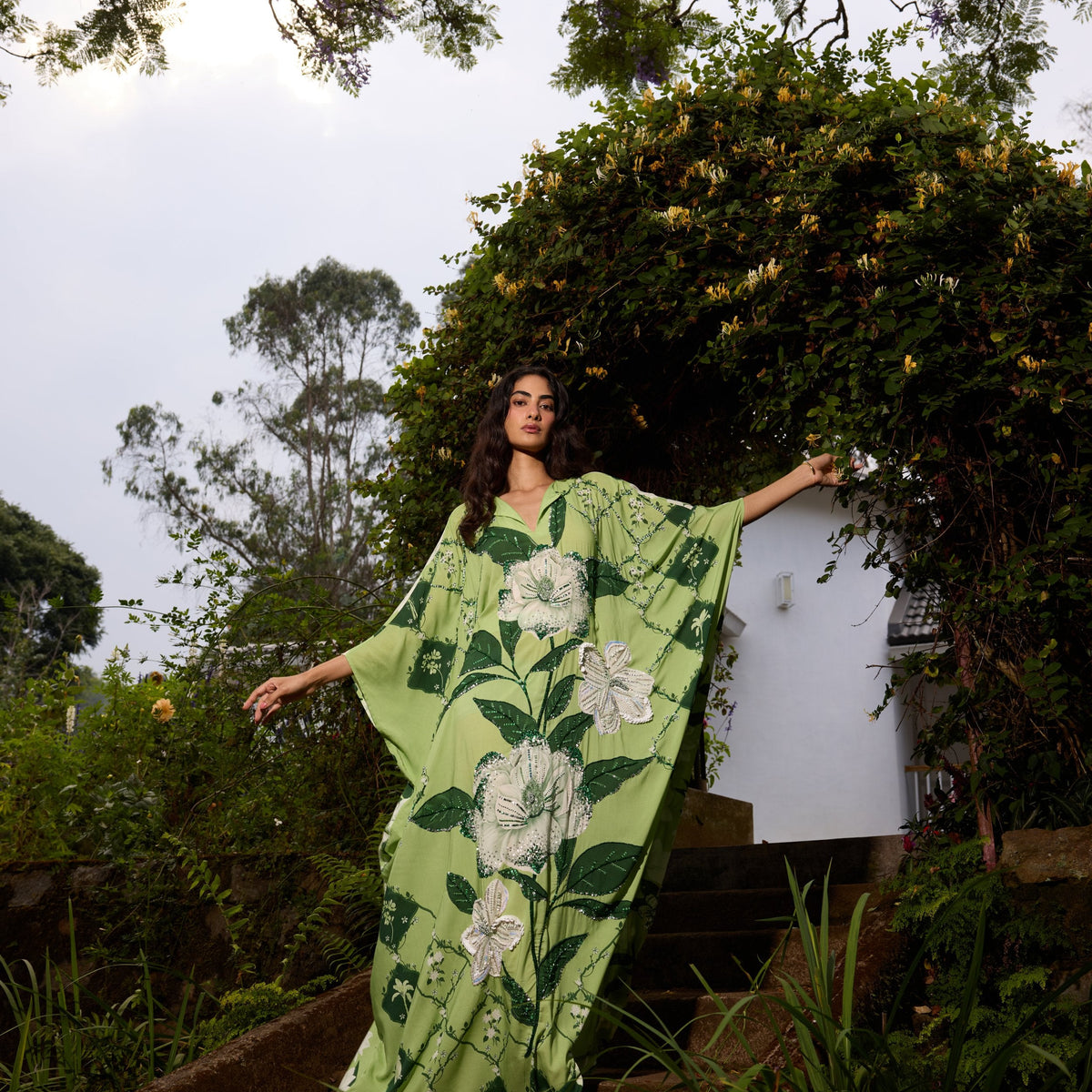 Hand Beaded Magnolia Tie-up Kaftan Dress L