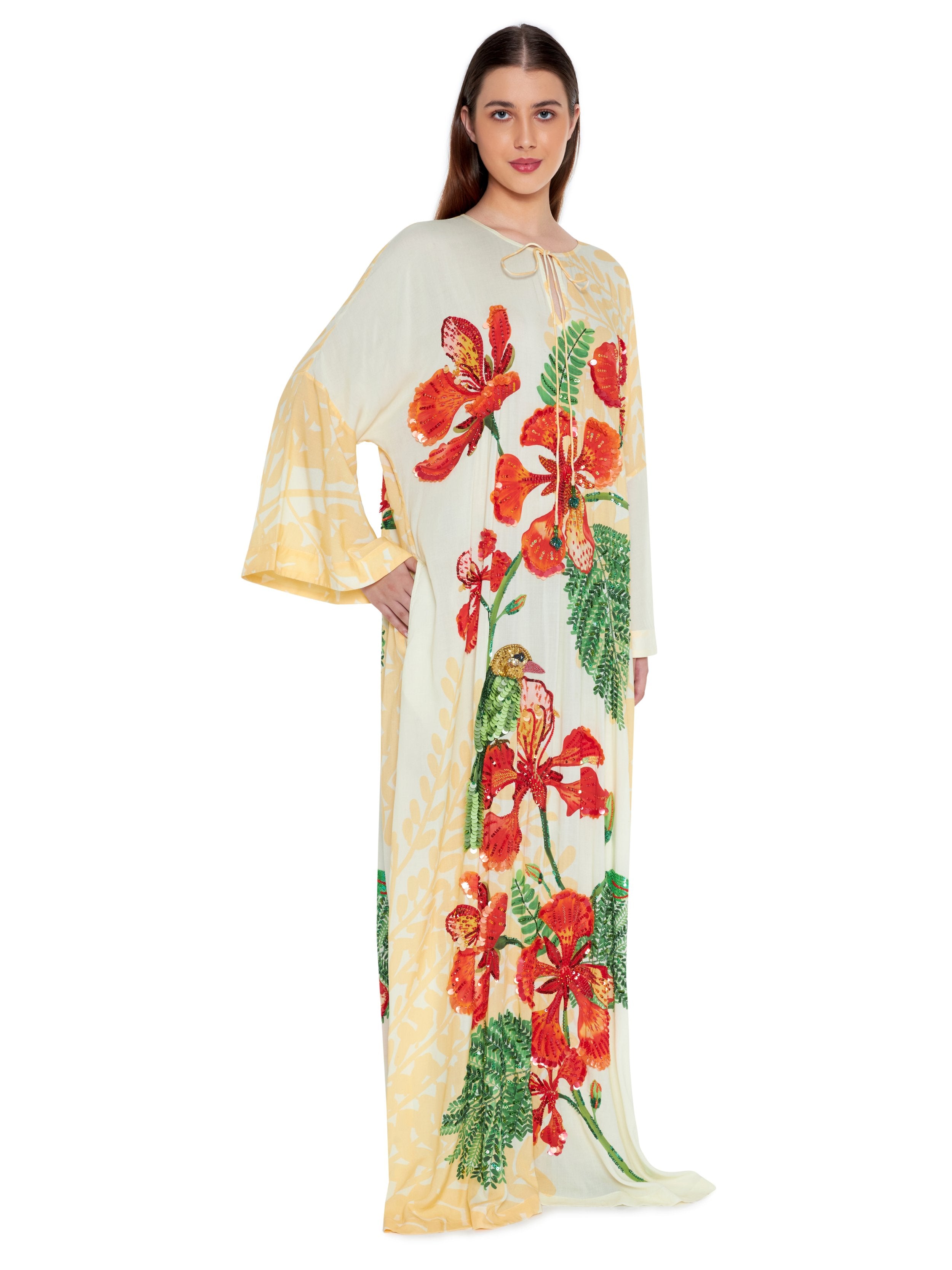 Hand Beaded Gulmohar and Parrot Dress