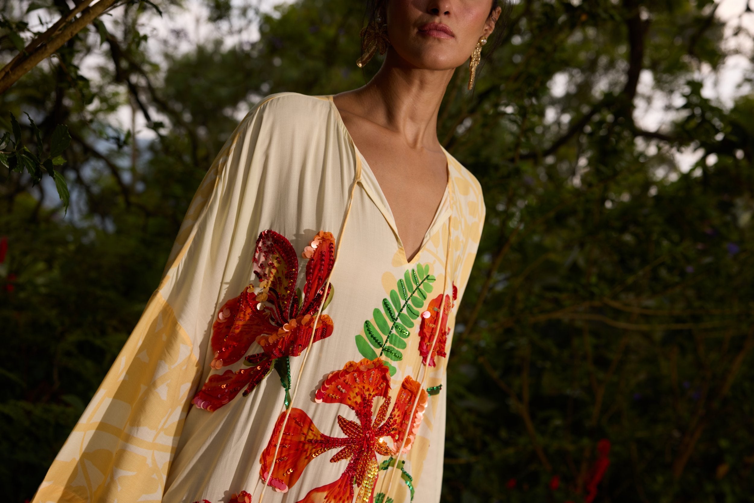 Hand Beaded Gulmohar and Parrot Dress