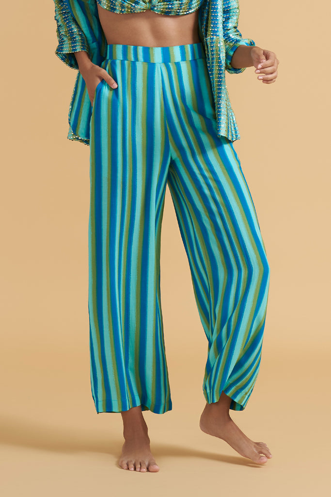 Green and Peacock Painterly Stripes Pants