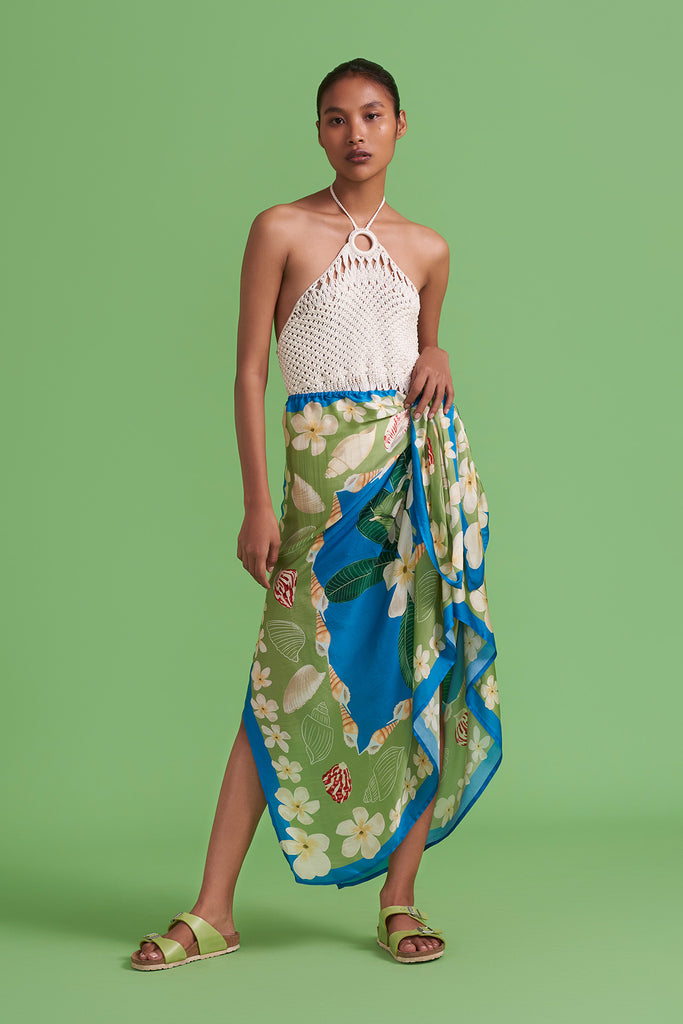 Peacock Scarf Panel Draped Skirt & Macramé Top