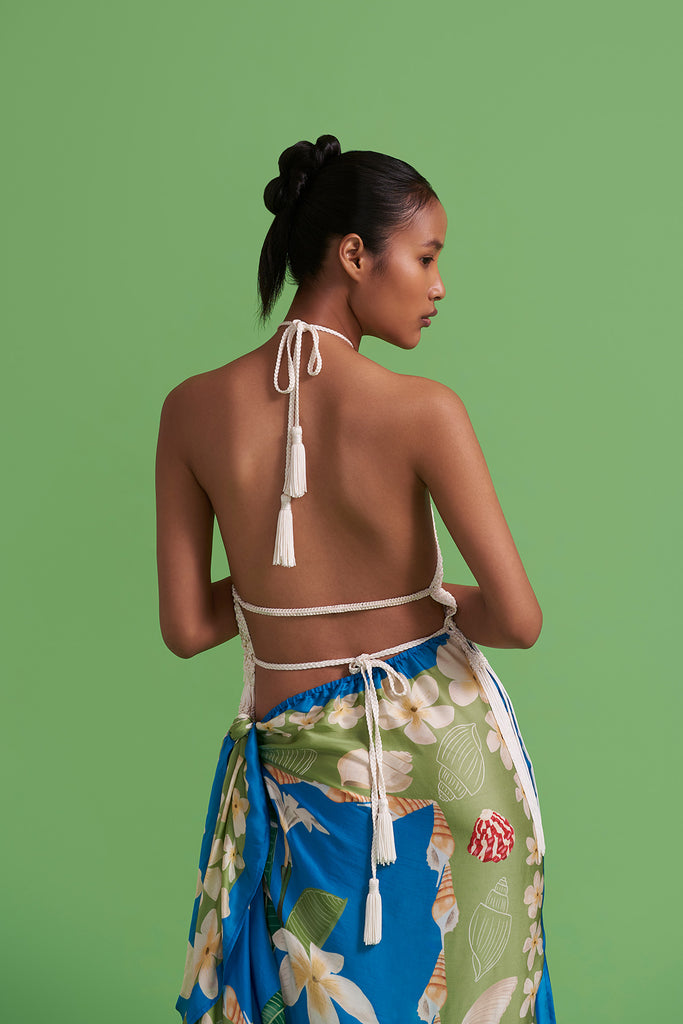 Peacock Scarf Panel Draped Skirt & Macramé Top