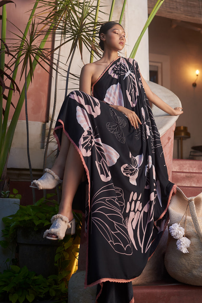 black & blush toga gown