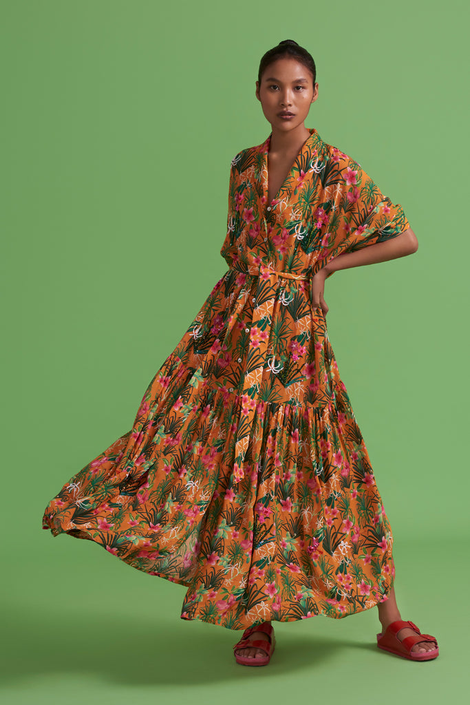 Orange Torenias and Hibiscus Kaftan Maxi