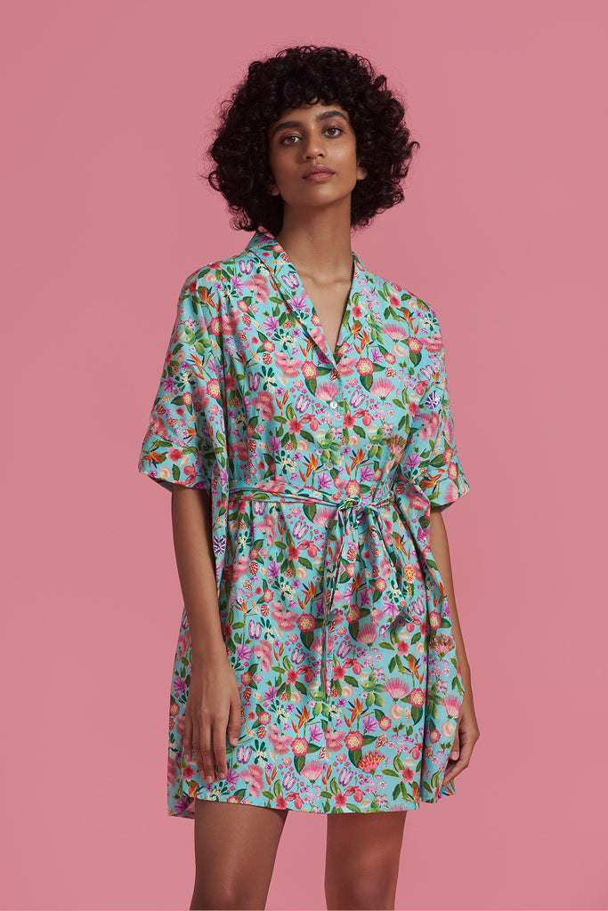 Aqua Sea Shells Floral Mini Kaftan