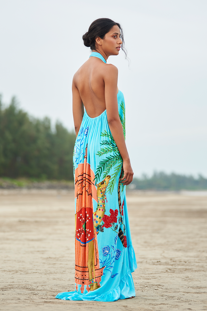 Women s Sustainable Hand Beaded Aqua Halter Maxi Gown Verandah