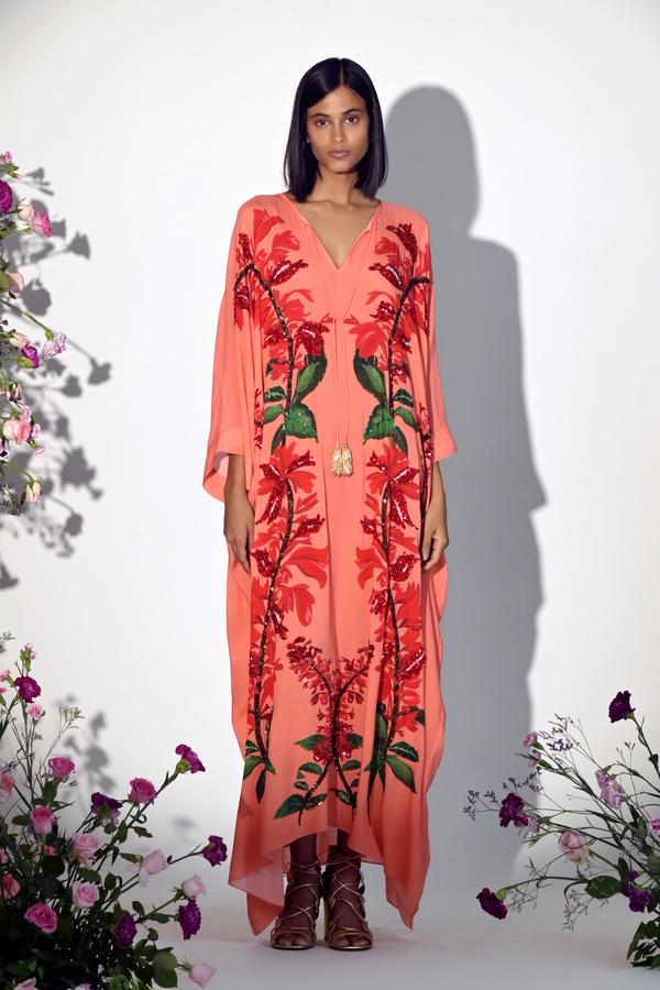 Fozia Khalid Luxury Pret Raw Silk Kaftan Coral Bloom