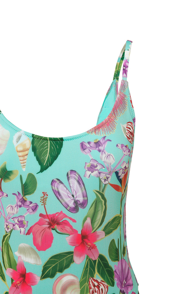 Aqua Seashells Floral One Piece Swimsuit