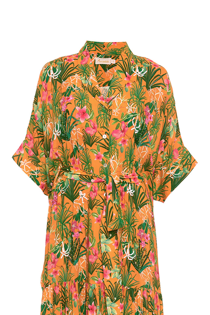 Orange Torenias and Hibiscus Kaftan Maxi