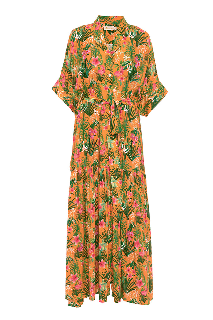 Orange Torenias and Hibiscus Kaftan Maxi