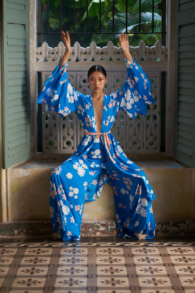 blue marigold flared kimono