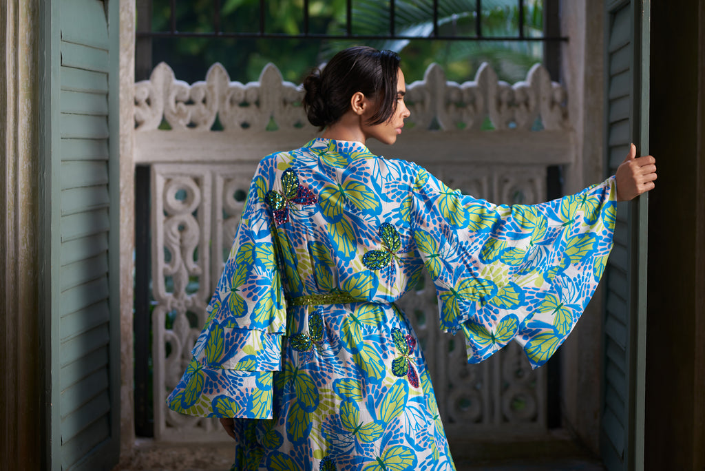 butterfly print flared kimono