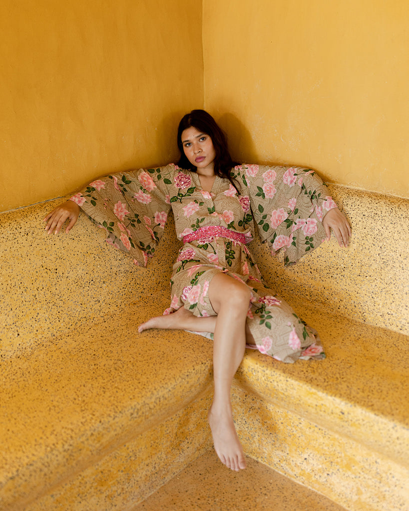 Printed Rose Kimono Dress