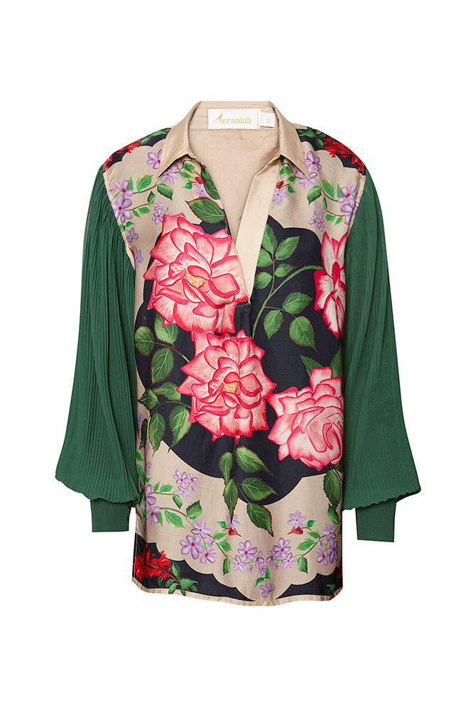 Scarf Shirt with Pleated Sleeves