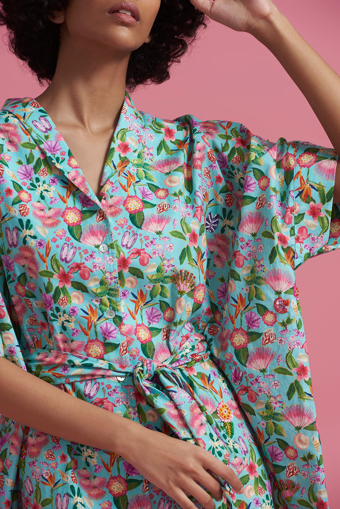 Aqua Sea Shells Floral Mini Kaftan