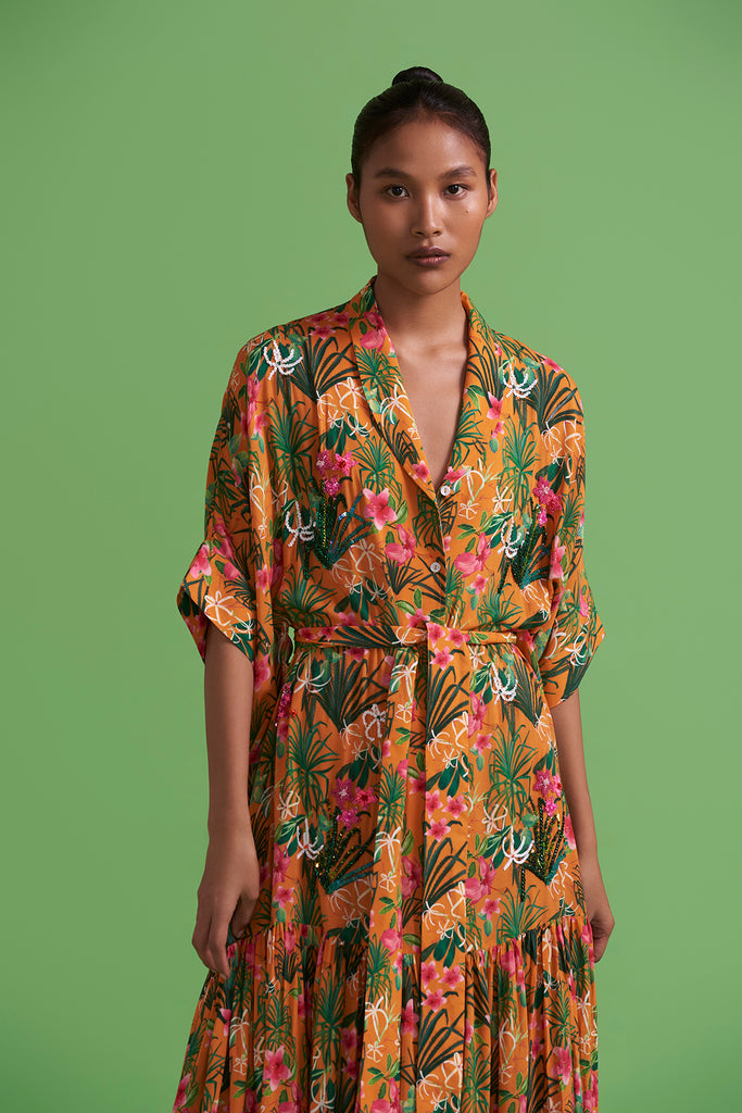 Orange Torenias and Hibiscus Kaftan Maxi