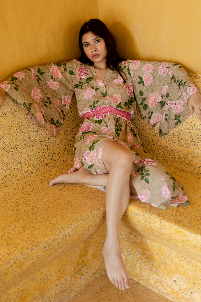 Printed Rose Kimono Dress