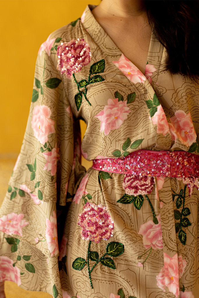 Printed Rose Kimono Dress